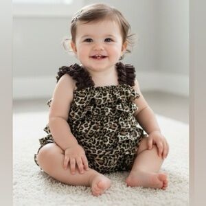 Handmade Baby Girl Leopard Print Gold & Brown Ruffle Romper-Infant Size 6-9 M